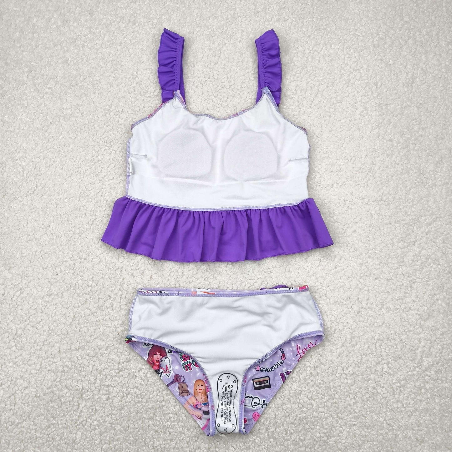2pc purple flowers flying sleeve girl Swimsuit