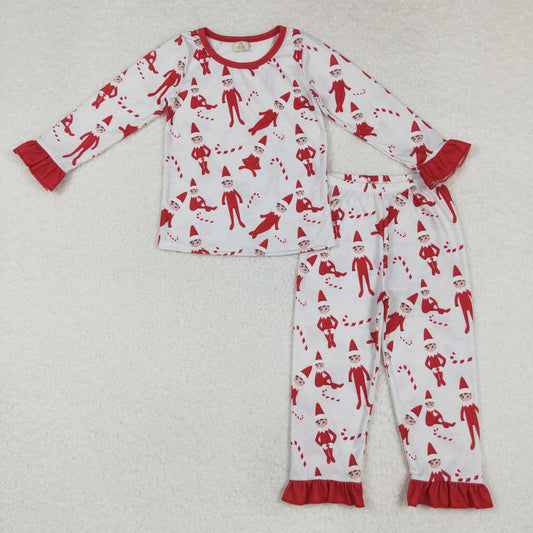 Christmas Red stripe Santa print Long Sleeve ruffle Pajamas ( material contains bamboo )