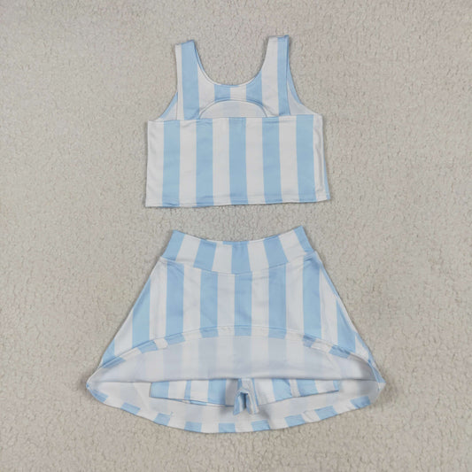 Blue stripe print sleeveless girl yoga set