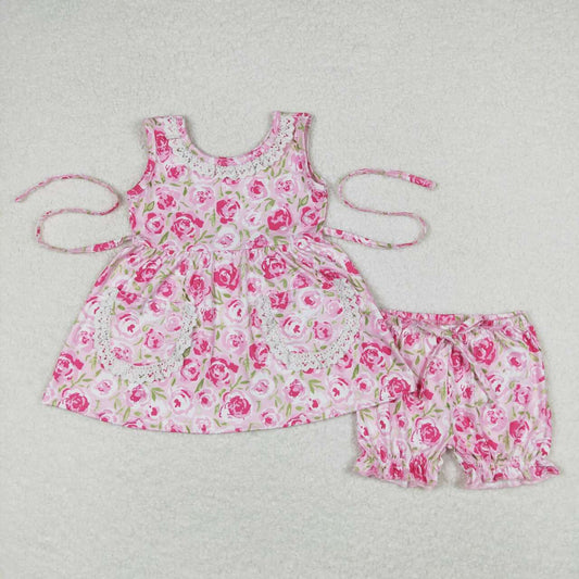 Pink flowers Sleeveless with pockets Girls Set