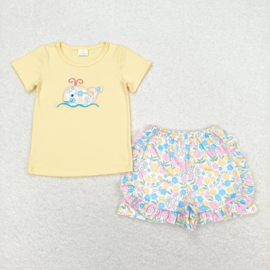 Flowers Embroidered Whales Girls Suit