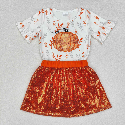 Halloween embroidery sequin pumpkin girls set
