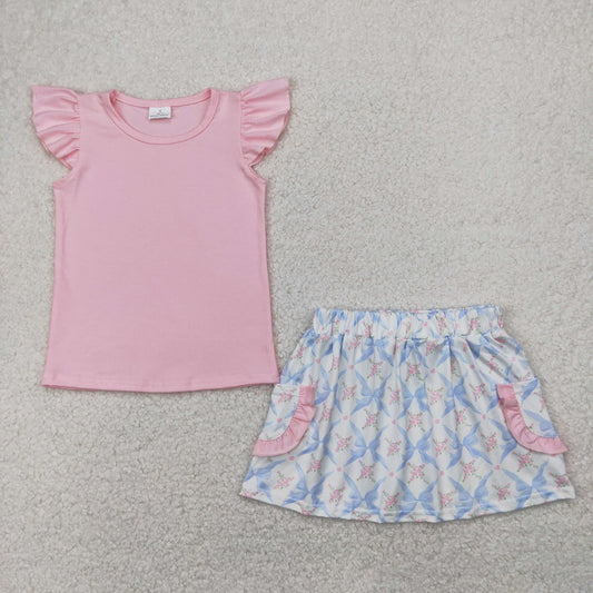 Summer pink flowers bows short sleeve girls Set