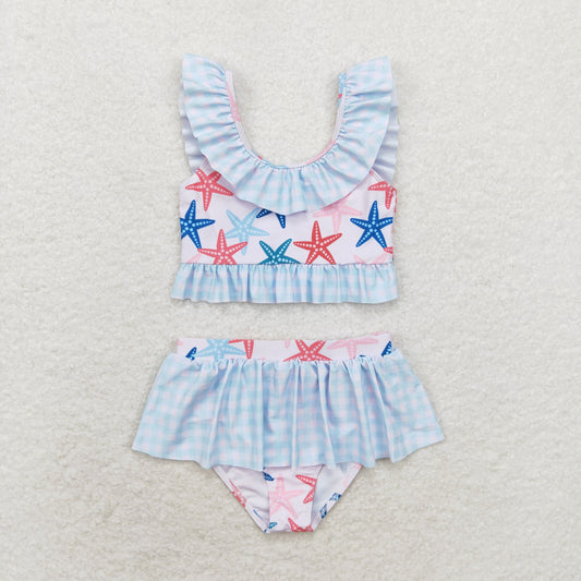2pc blue Starfish print short sleeve Swimsuit