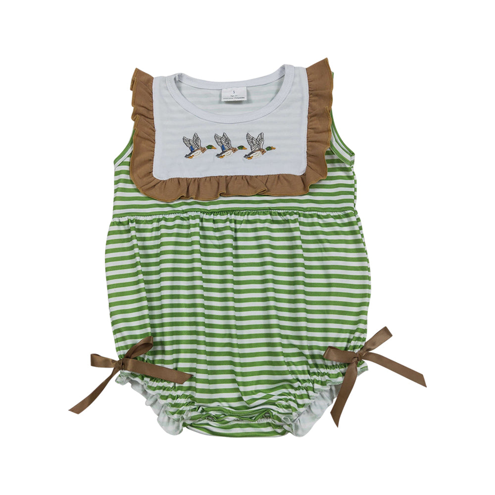 Summer Green Stripe Duck Embroidery Baby Romper