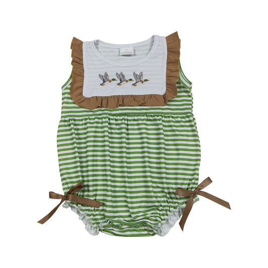 Summer Green Stripe Duck Embroidery Baby Romper