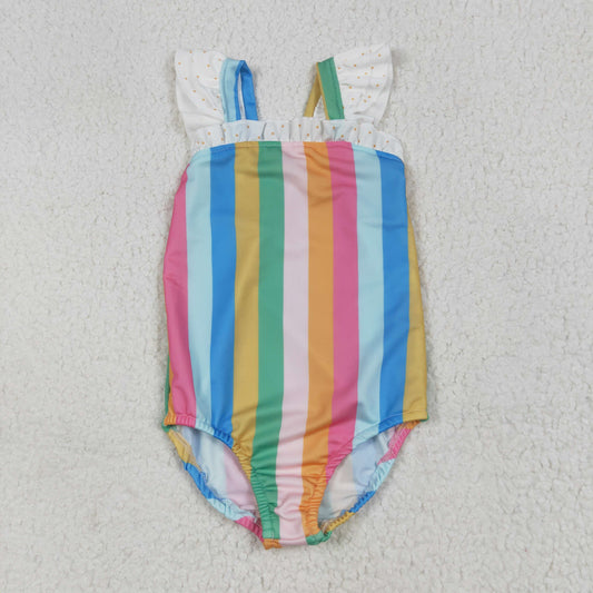colorful stripe print flying sleeve girl Swimsuit S0550