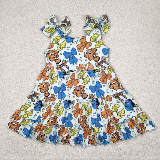 Floral Cartoon bows print Short Girls Dress