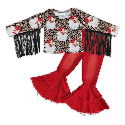 Christmas Tassel Leopard Top Red Bleach Jeans