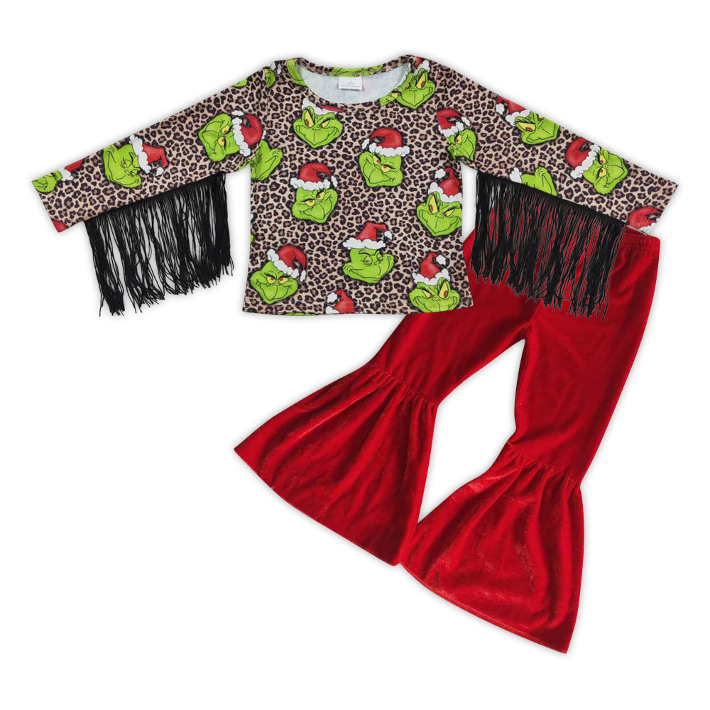 Christmas Green Cartoon Tassel Leopard Top Red Velvet