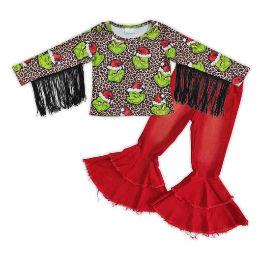 Christmas Green Cartoon Tassel Leopard Top Red Bleach Jeans