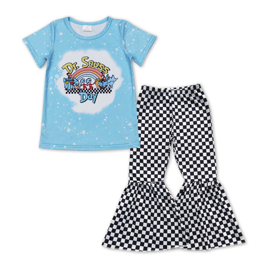 Blue Rainbow Cartoon Print Bell Girls Set