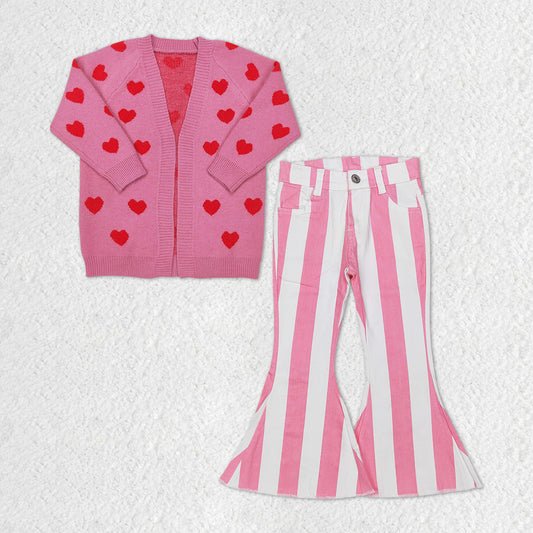 Valentine‘s Day Pink Heart Print cardigans + Pink Stripe Bell Pants Jeans