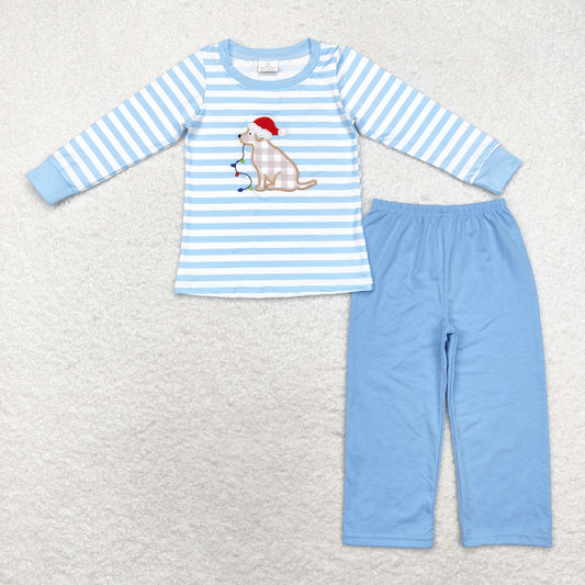 Christmas Blue Stripe Embroidered Dog Boy Set