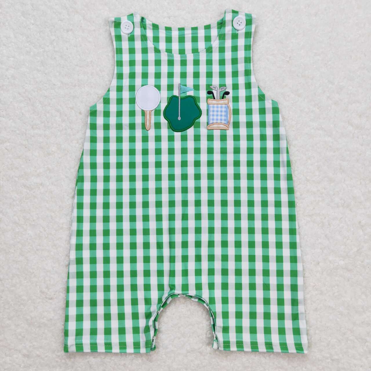 green plaid Embroidered Golf Baby Romper