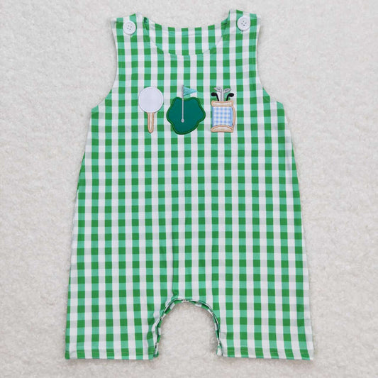green plaid Embroidered Golf Baby Romper