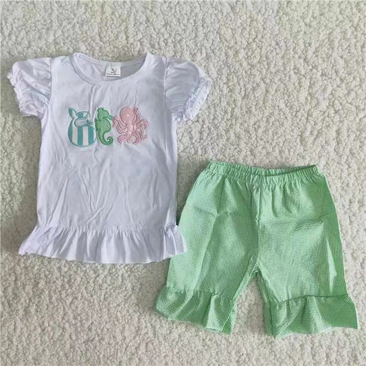 Sea animals embroidery Girls Suit Summer Set