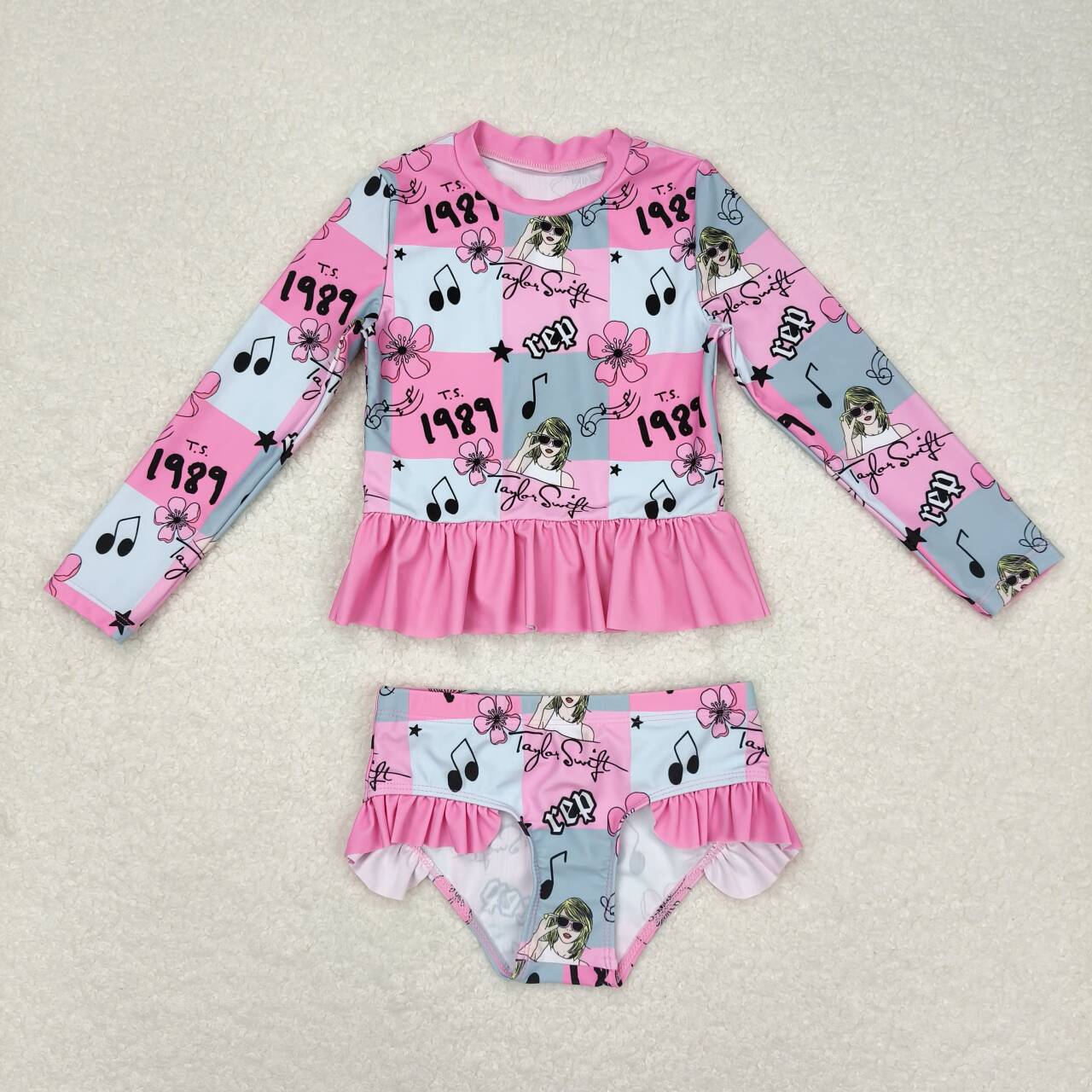 2pc pink Cartoon long sleeve Swimsuit
