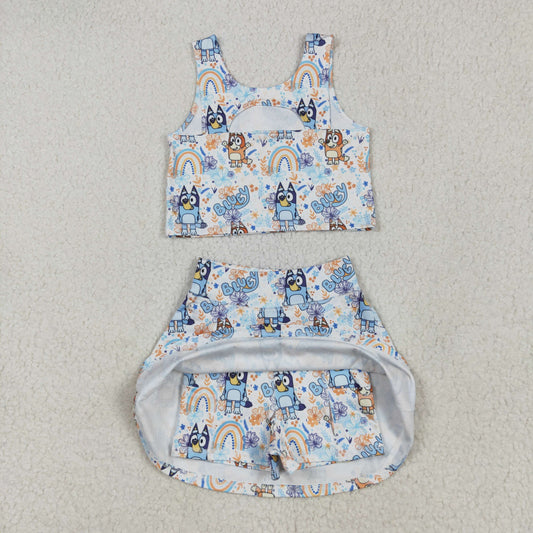 Blue Cartoon print sleeveless girl yoga set