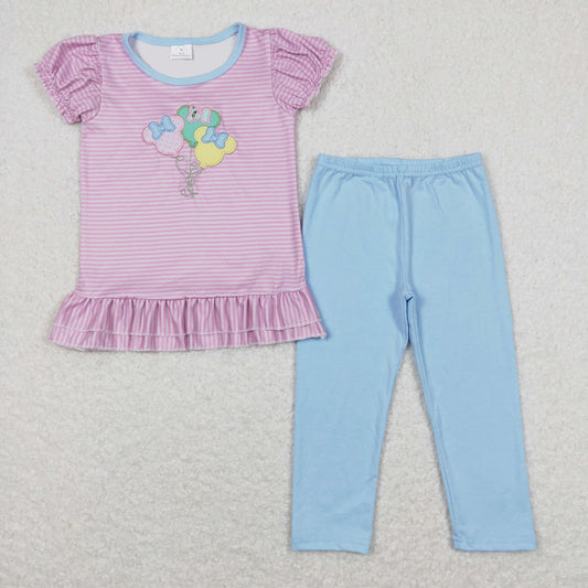 Purple embroidery cartoon short sleeve Stripe Print Girls Set