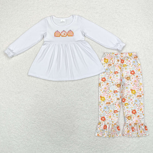 Fall Outfits Embroidery pumpkin flowers Print Girls Set