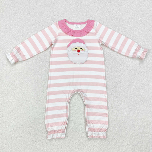 Christmas pink stripe Embroidery Santa Baby Girls Romper