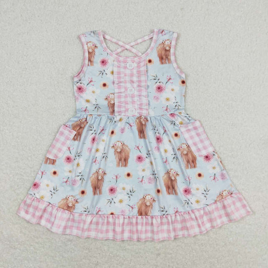 Flowers cow sleeveless plaid trim Girls dress