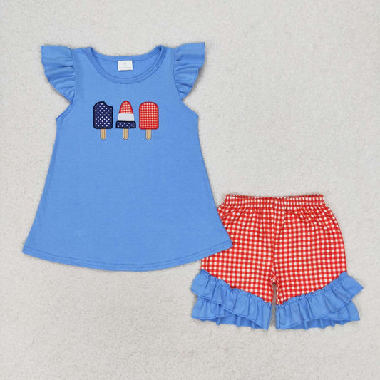 July of 4th embroidery icecream print Girls Set