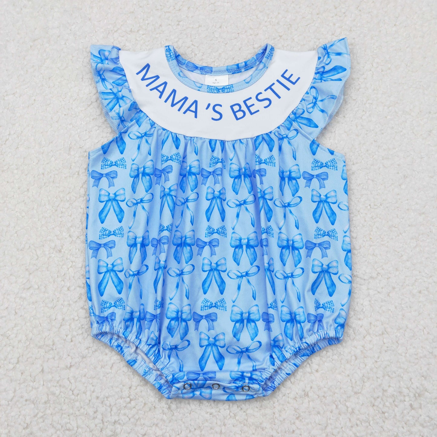 mama's bestie blue bows short sleeve Baby Romper