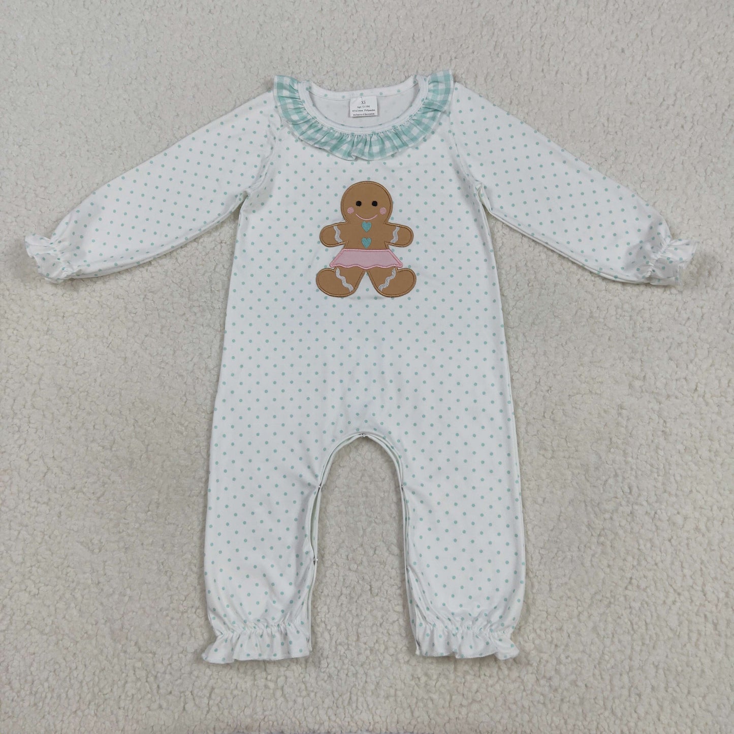 green polka gingerbread embroidery Baby RomperLR2341