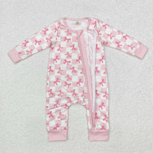 Pink bow print Baby Romper With zipper( material contains bamboo )