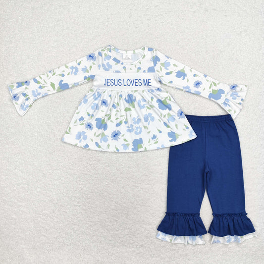 Blue flowers love me Print Long Sleeve Pants Set