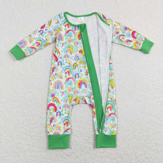 Green Rainbow Print Long Sleeve Romper
