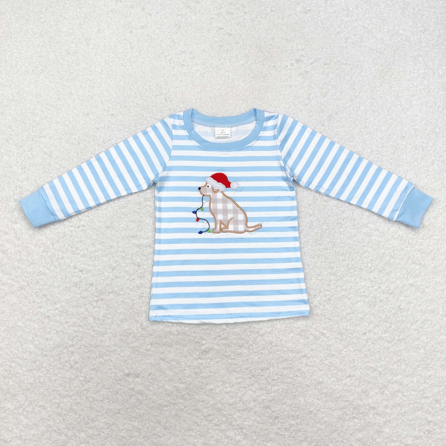 Christmas Blue stripe Dog Embroidery Short Shirt