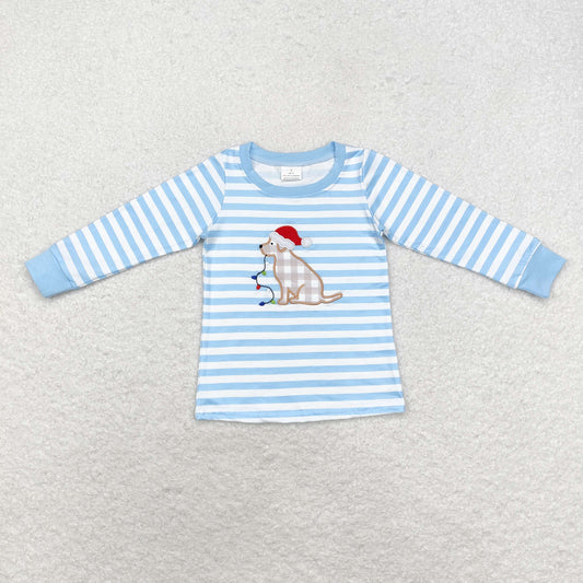 Christmas Blue stripe Dog Embroidery Short Shirt