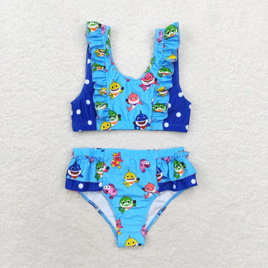 2pc Blue Whale print short sleeve Swimsuit