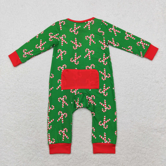 Christmas Green Candy Print Baby Romper With zipper