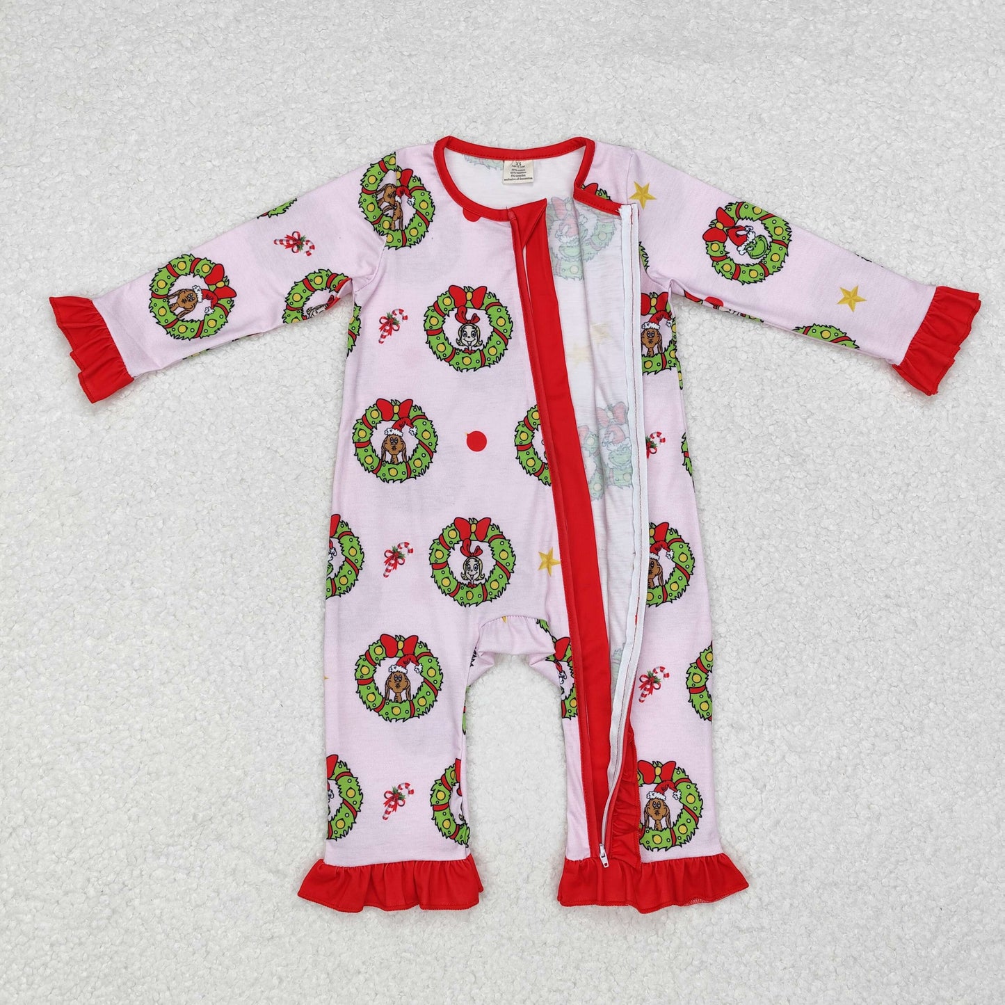 Christmas pink cartoon print Baby Romper With zipper( material contains bamboo )