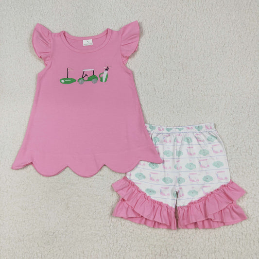 pink golf embroidery print Girls Set GSSO2660
