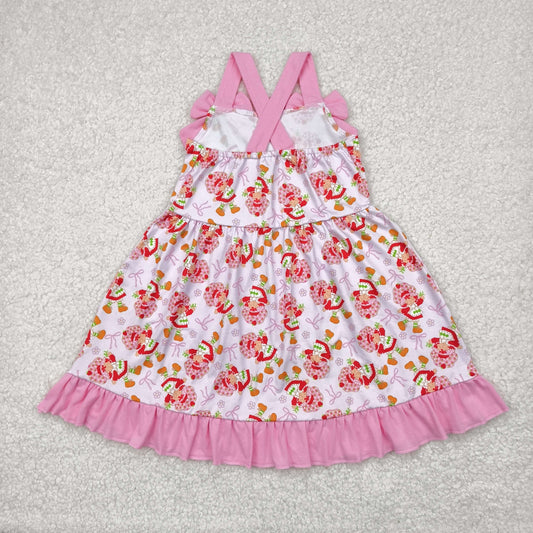 Pink flowers Cartoon bows print Short Girls Dress