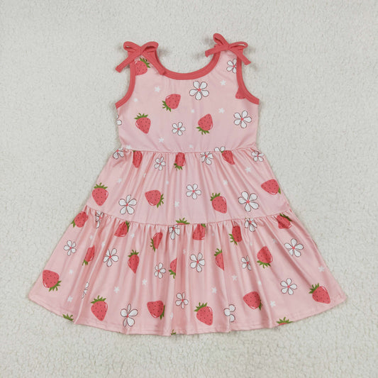 Pink strawberry flowers print Short Girls Dress