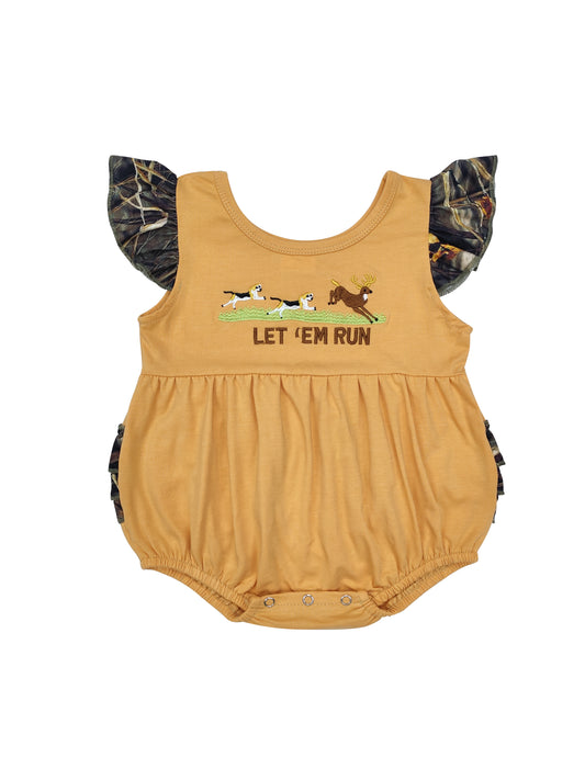 SR1219 Camo Let run Dog embroidery baby Romper (us warehouse)
