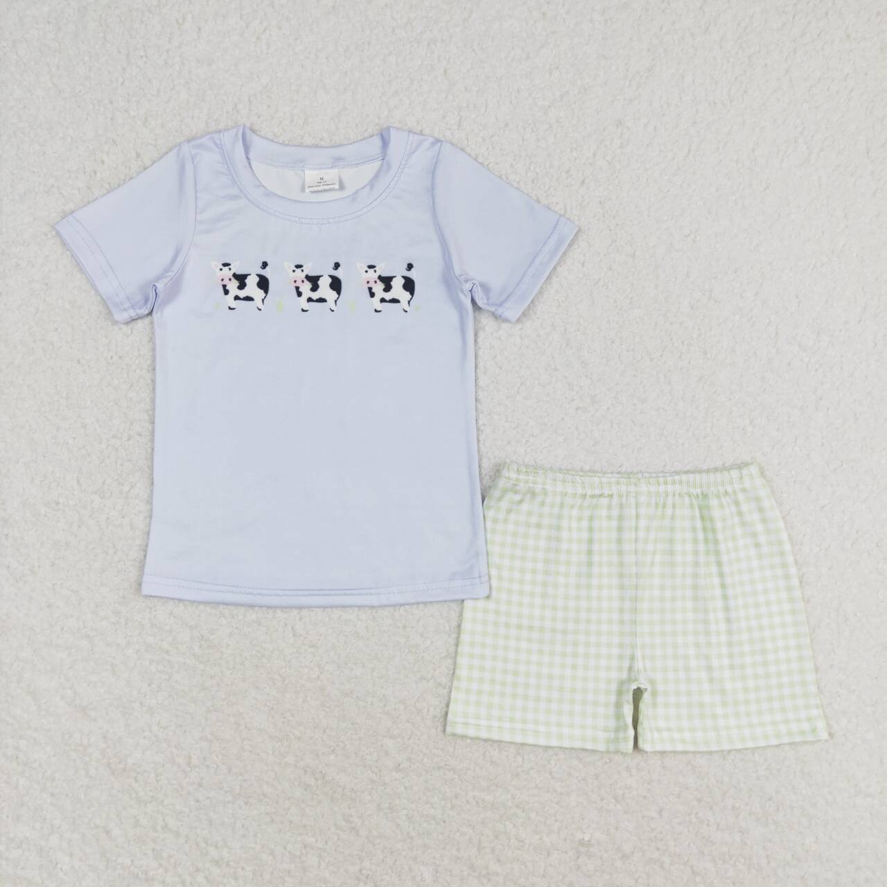 Blue Cow print plaid short sleeve boy set