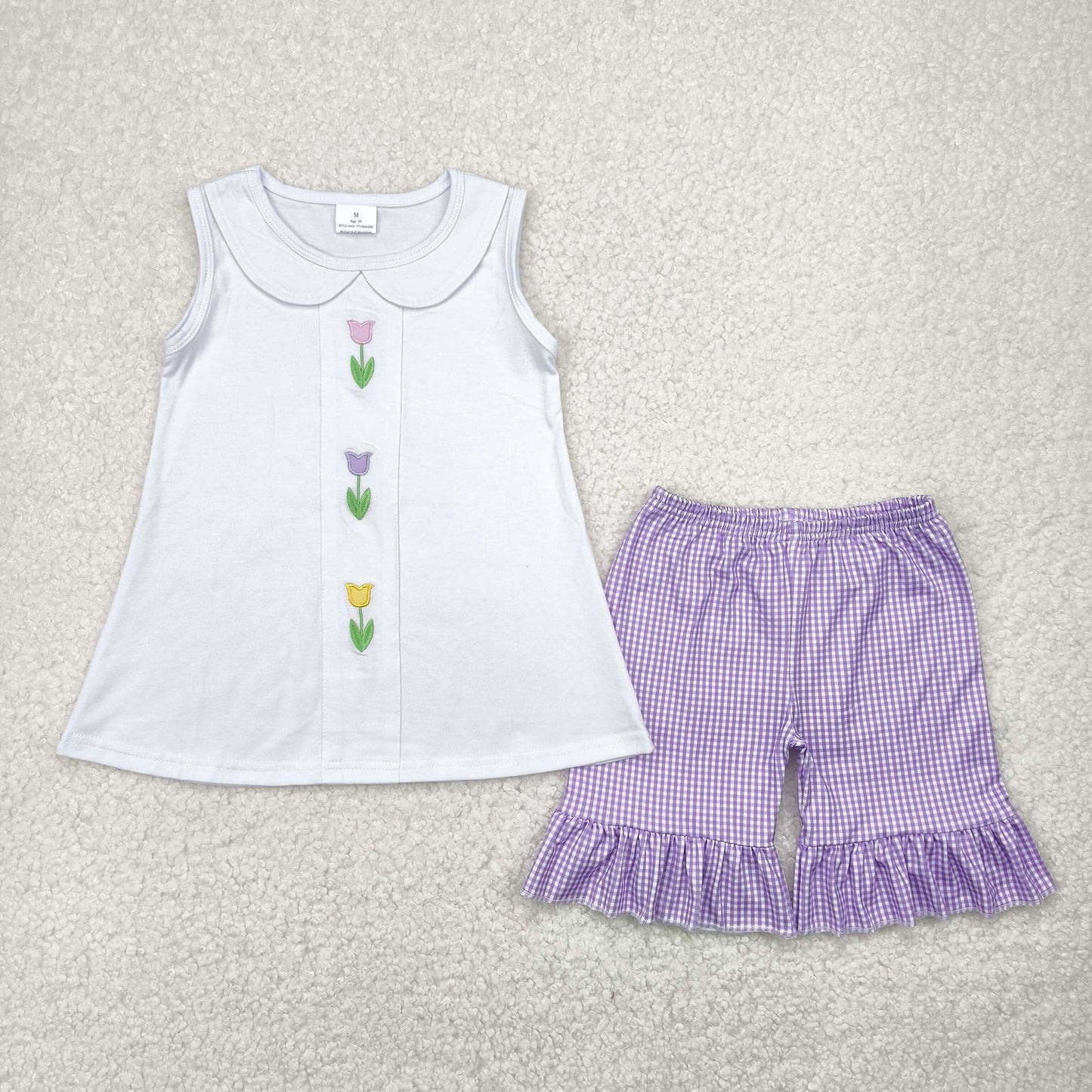 purple flowers embroidery Girls Suit Summer Set