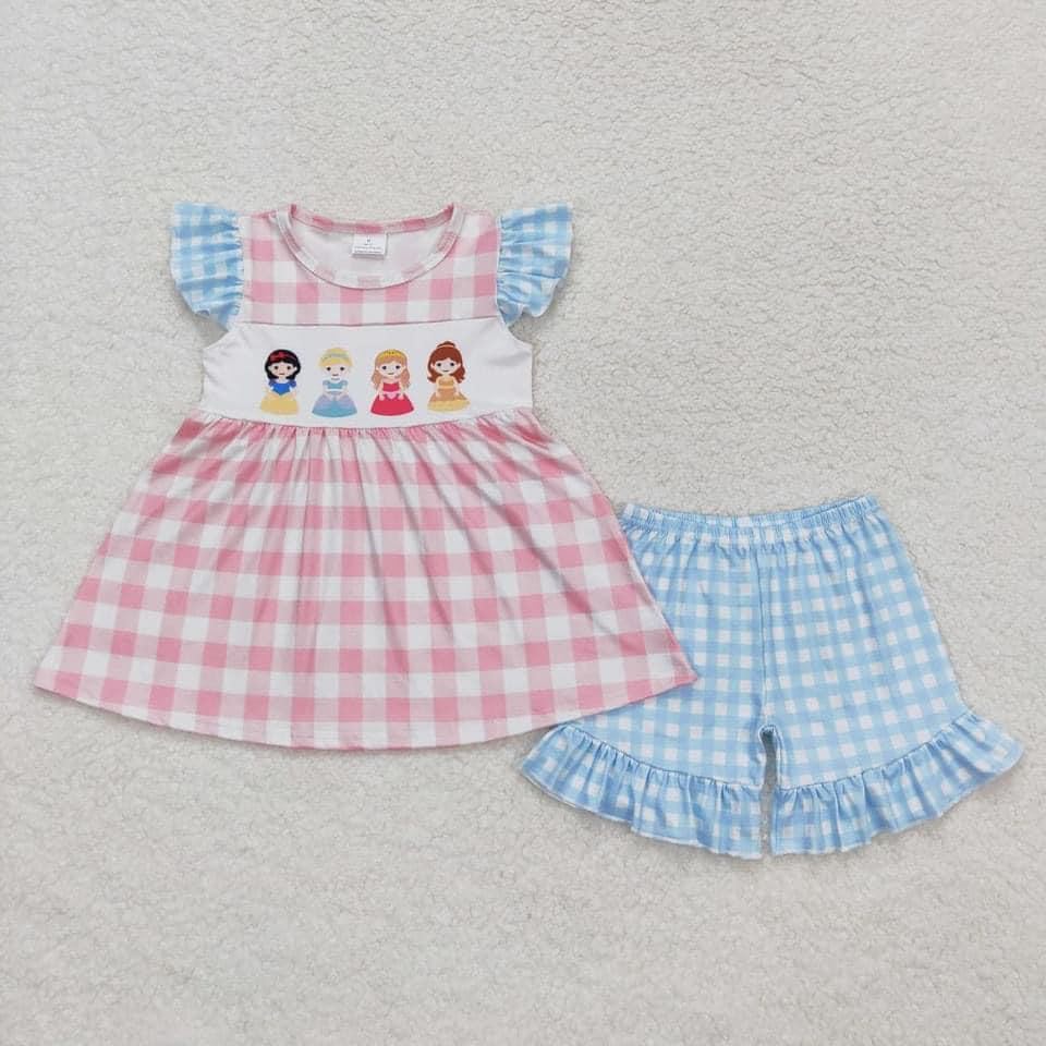 Pink cartoon Short sleeve plaid Summer Girls Set