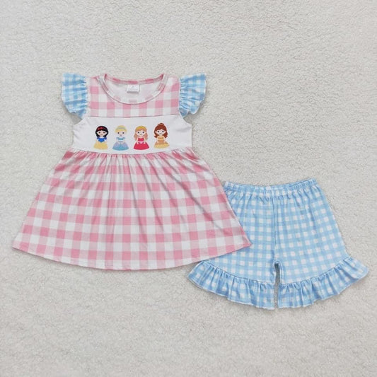Pink cartoon Short sleeve plaid Summer Girls Set