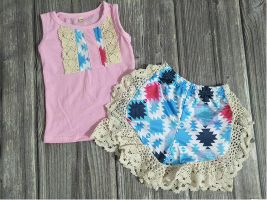 Pink ruffle short sleeve girls Set