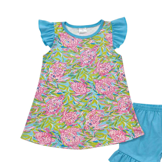 Green flowers Short Girls top Summer Girls Set
