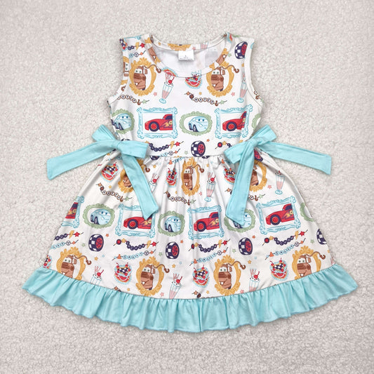 Cartoon blue bows print Short Girls Dress
