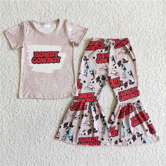 Howdy cowboy print short sleeve girls Set